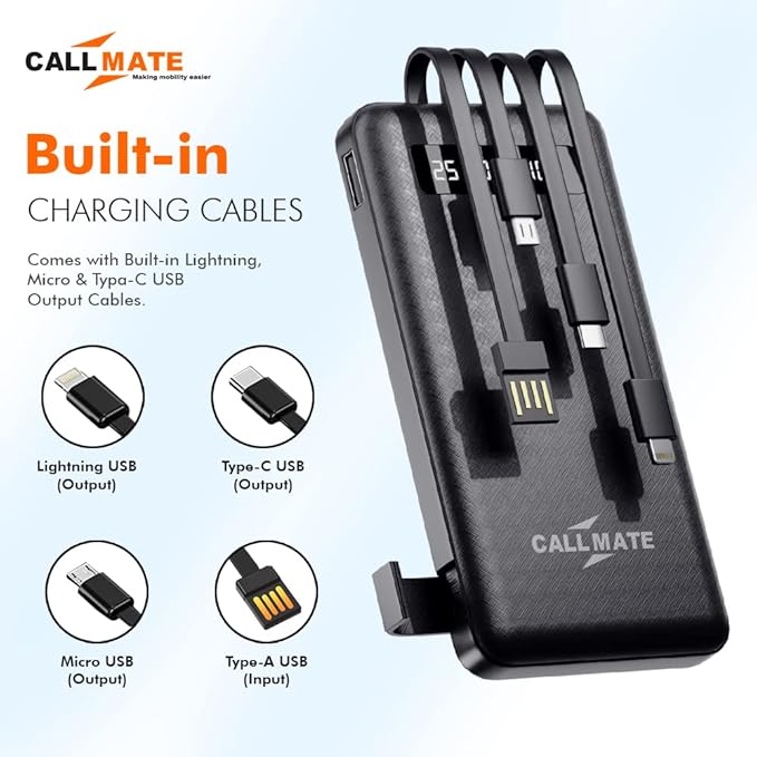 Callmate 10000mAh Power Bank with Mobile Holder, 15W Fast Charging| Buit-in 4-in-1 Cables - 1