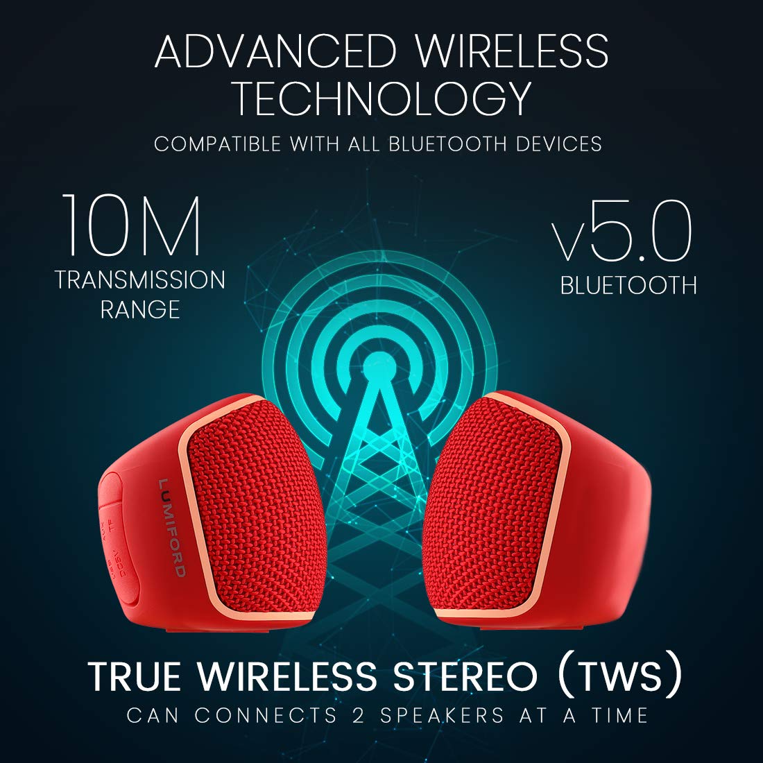 Lumiford GoMusic BT12 Wireless Bluetooth Speaker with Mic, Portable Speaker with Unique TWS Connection, Splash Proof, Voice Assistance & multi connectivity Options (3.5 AUX, USB, Micro-SD, FM Radio) - 2