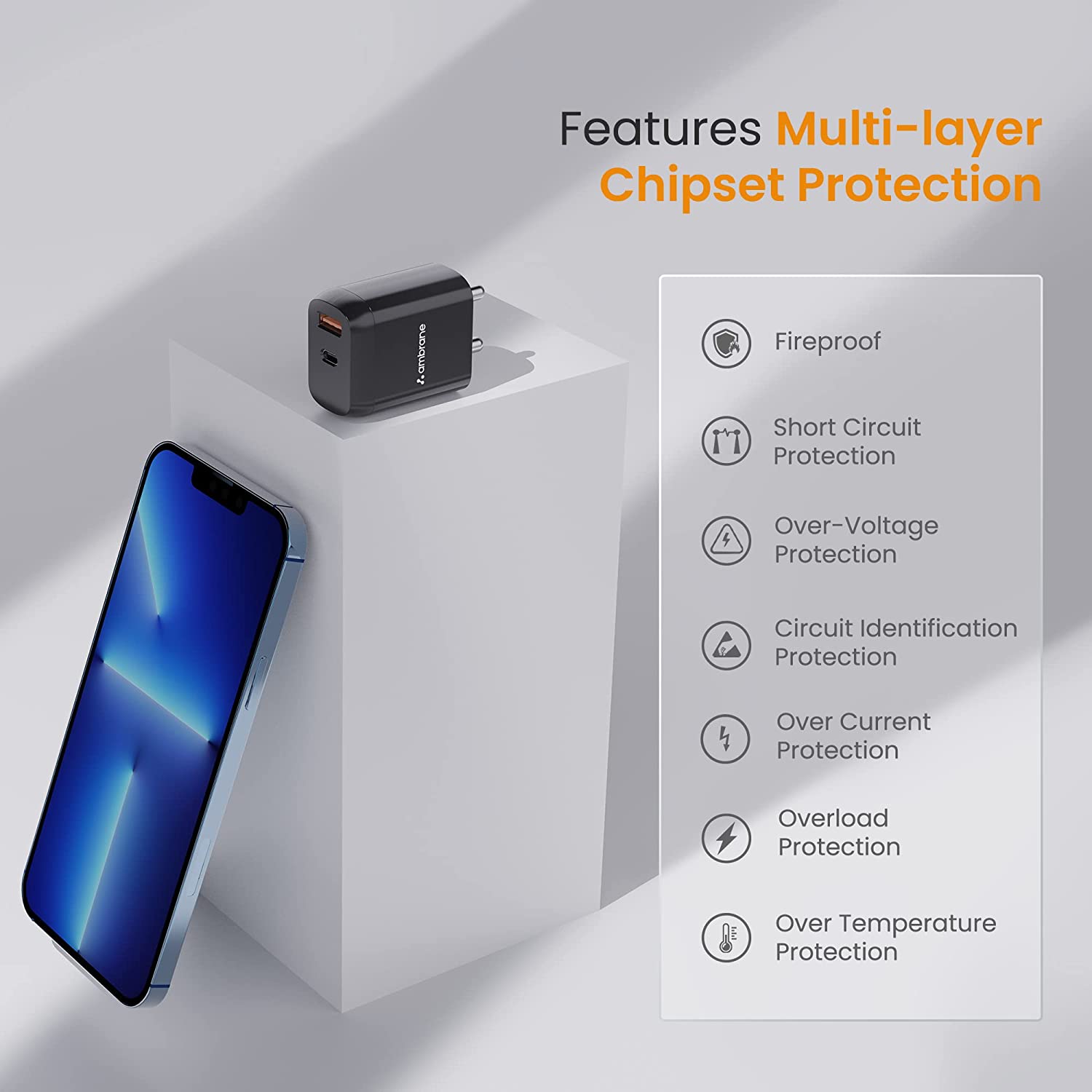 Ambrane 30W USB Boosted Speed Dual Output Port gan Charger with QC & PD Technology, Made in India, Multiple Layers of Protection, iPhone & Android Co Total - 1