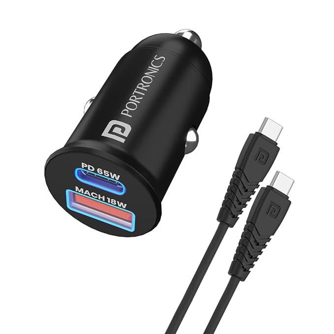 Portronics 65 Watts Car Power 65 Dual Output Fast Car Charger with 100W Type-C Cable (2m), 65W Type-C - 0