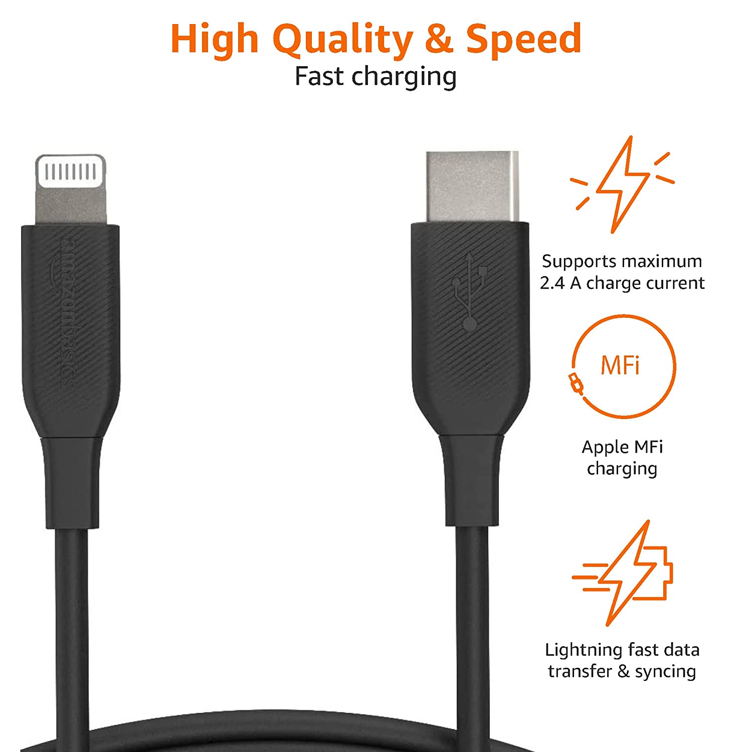 AmazonBasics MFI certified 91.44cm USB C to lightning TPE charging cable (Black) - 1