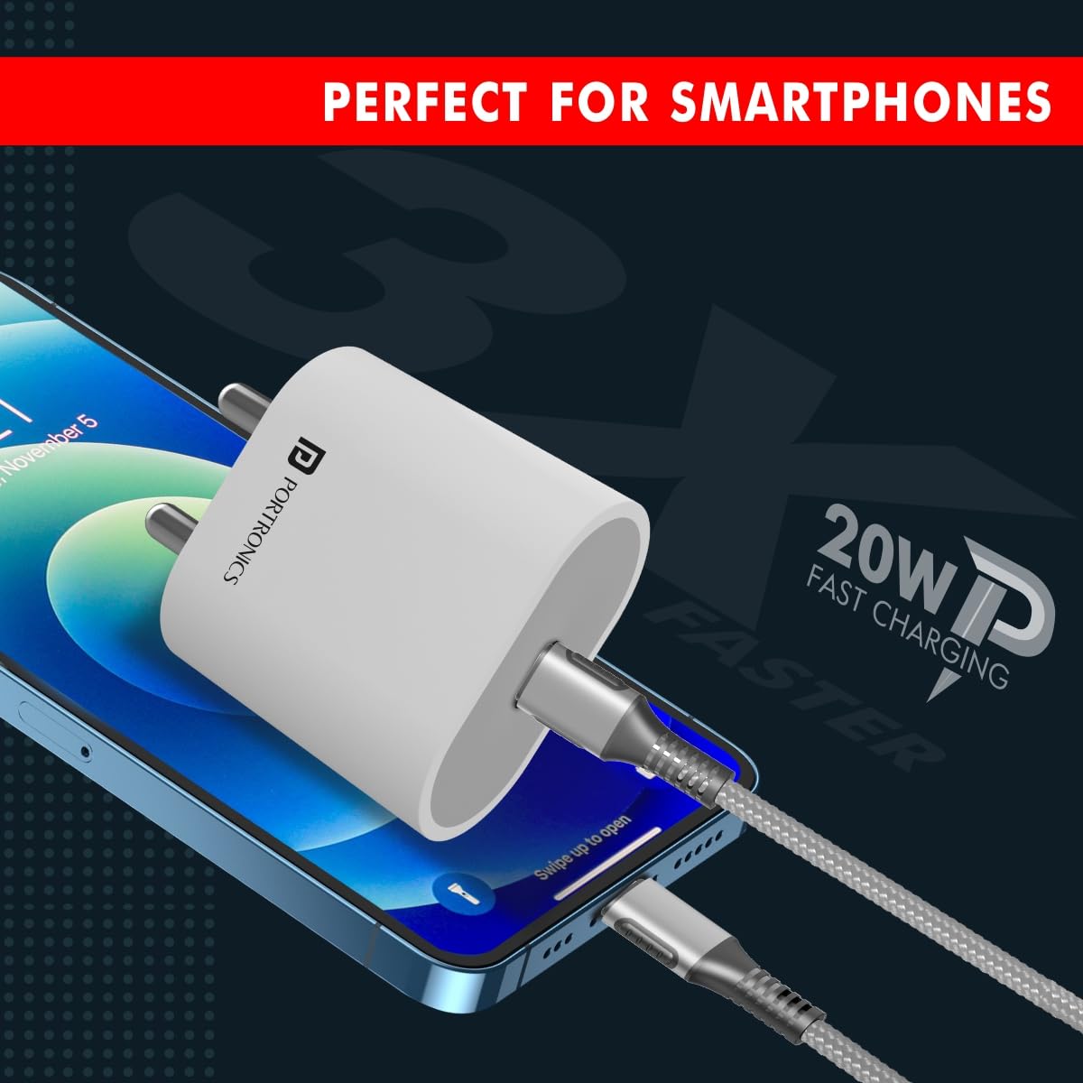 Portronics Adapto 20 Type C 20W Fast PD/Type C Adapter Charger with Fast Charging for iPhone 12/12 Pro/12 Mini/12 Pro Max/11/XS/XR/X/8/Plus, iPad Pro/ - 1