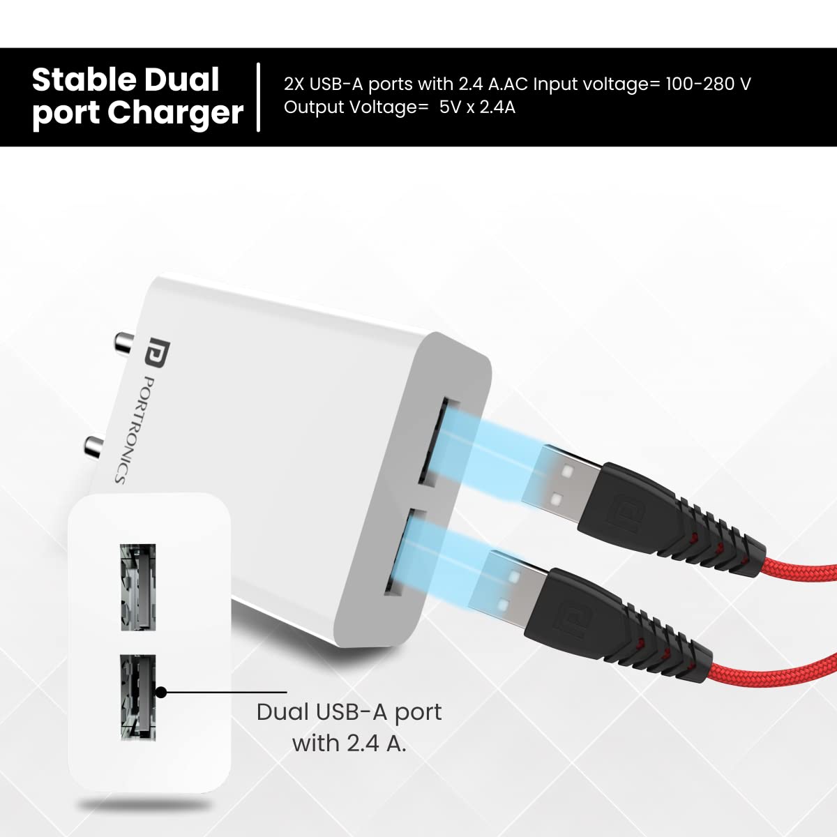 Portronics Adapto 32 C 2.4A 12w Dual Output Port Wall Charger,Comes with 1M Type C Charging Cable, USB Wall Charger Adapter for iPhone 11/Xs/XS Max/XR - 1