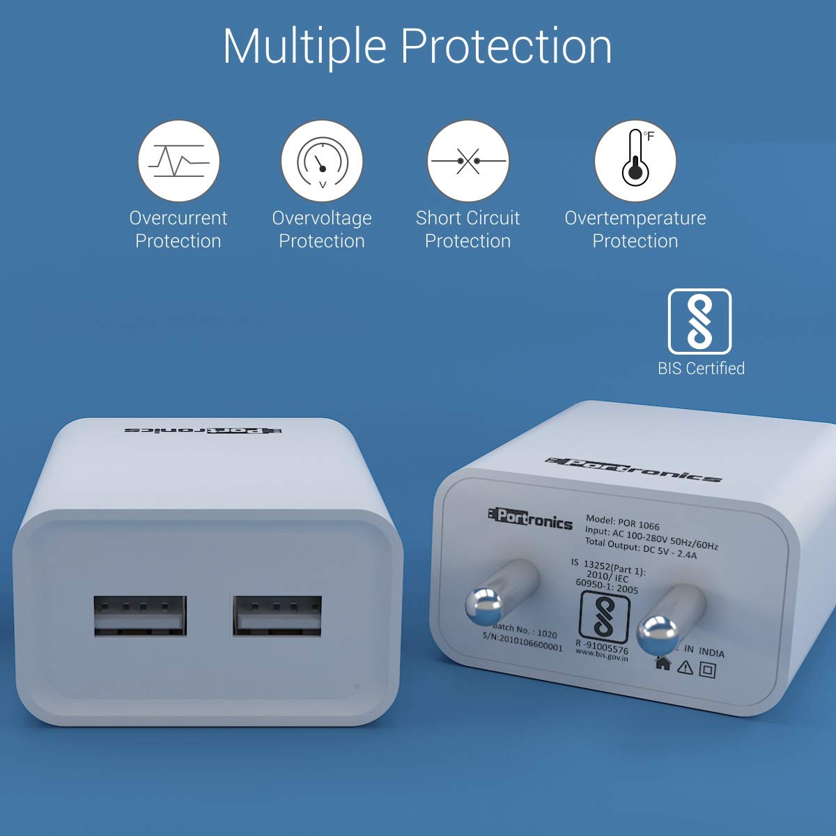Portronics Adapto 66 POR-1066 2.4A Dual USB Ports Charging Adapter with 1M Micro USB Cable (White) Total - 2