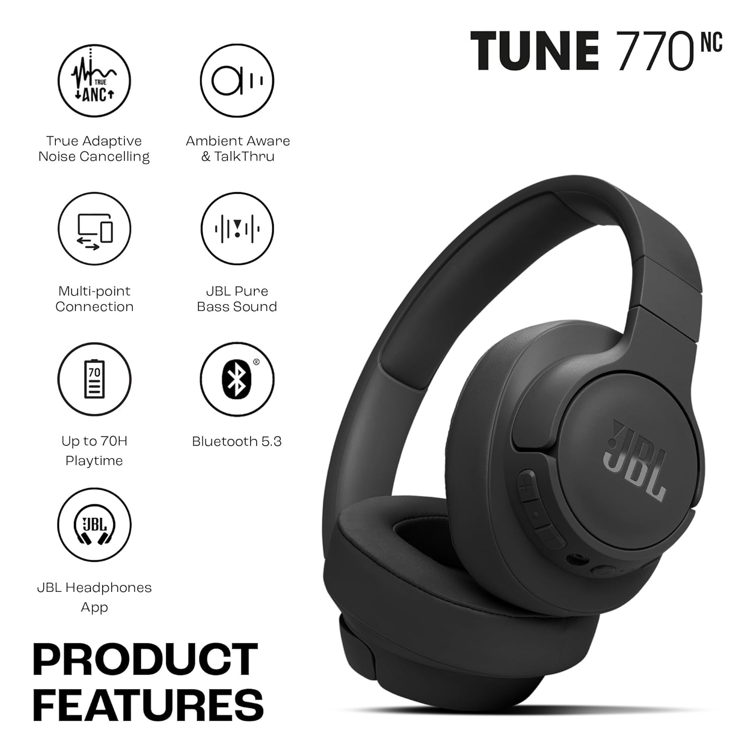 JBL Tune 770NC Wireless Over Ear ANC Headphones with Mic, Upto 70 Hrs Playtime, Speedcharge, Google Fast Pair, Dual Pairing, BT 5.3 LE Audio, Customize on Headphones App - 2