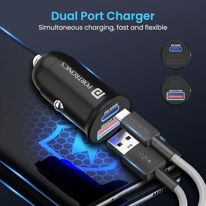 Portronics 65 Watts Car Power 65 Dual Output Fast Car Charger with 100W Type-C Cable (2m), 65W Type-C - 2