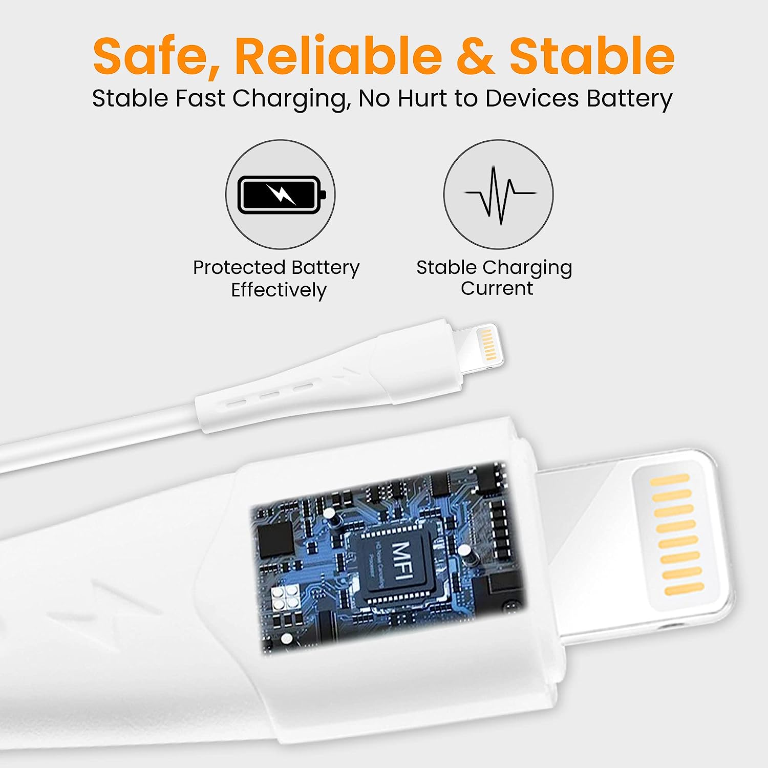 Wecool Soft PVC Fast Charging 8 pin Charging Cable Compatible for iPhone, Both Charing and Data Sync Functions, Certitified Lightning White Cable, 1 M Total - 3