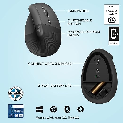 Logitech Lift Vertical Ergonomic Mouse, Wireless, Bluetooth or Logi Bolt USB Receiver, Quiet clicks, 4 Buttons - 3