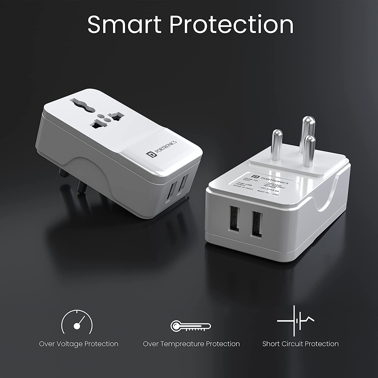 Portronics Adapto III Dual USB Adapter with 1 AC Power Socket 3.4Amp Total Output (White) Total - 1