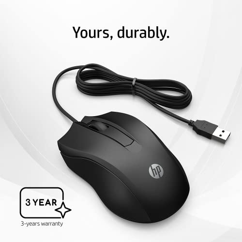 HP Wired Mouse 100 with 1600 DPI Optical Sensor, USB Plug-and -Play,ambidextrous Design, Built-in Scrolling and 3 Handy Buttons - 3