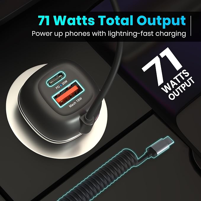Portronics 71W Car Power 1C Triple Output Fast Car Charger with 33W Type-C Cable, 20W Type-C PD, 18W USB Port, Fast Charging - 1