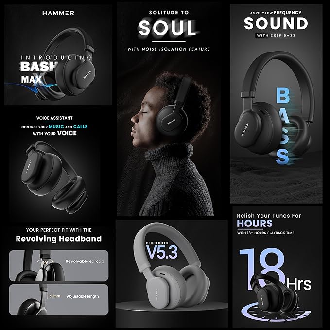 HAMMER Bash Max Over The Ear Wireless Bluetooth Headphones with Mic, Touch Control, Deep Bass, Upto 18 Hours Playtime, Bluetooth 5.3 - 1