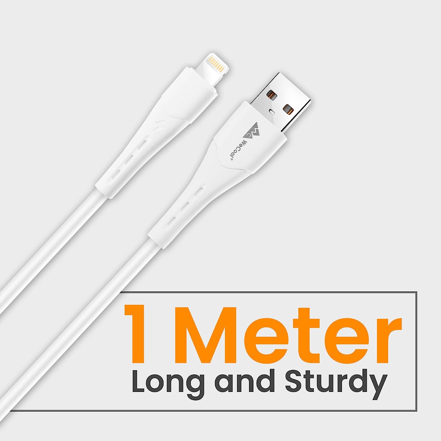 Wecool Soft PVC Fast Charging 8 pin Charging Cable Compatible for iPhone, Both Charing and Data Sync Functions, Certitified Lightning White Cable, 1 M Total - 1