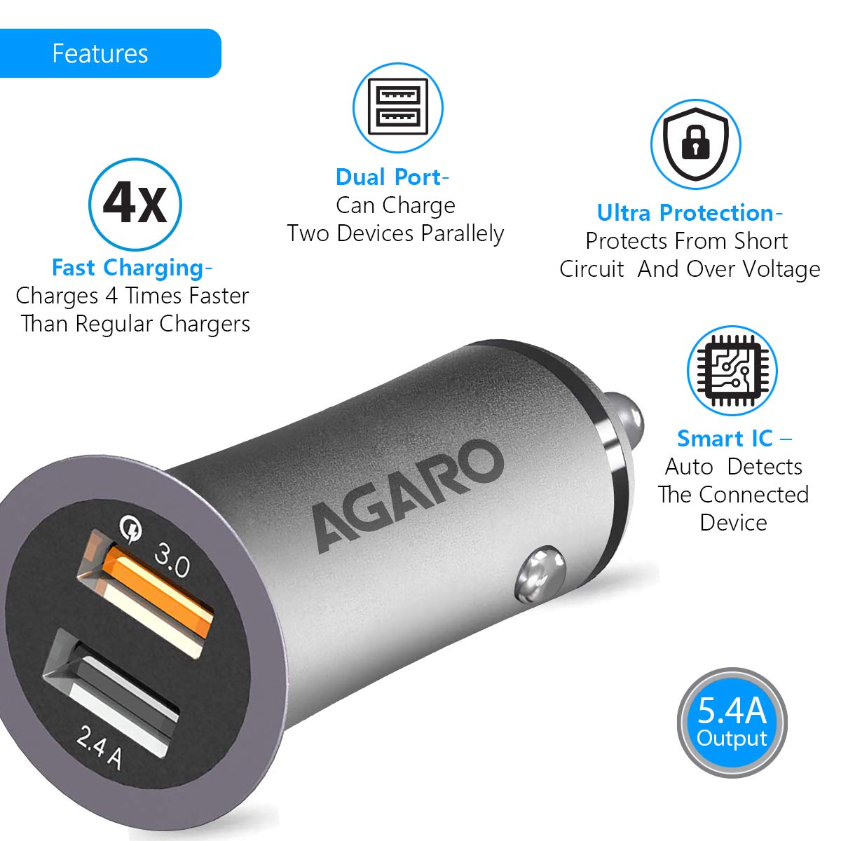 AGARO 5.4 A USB Dual Port Quick Car Charger (Qualcomm Certified) for All Smartphones & Tablets - Grey Total - 1