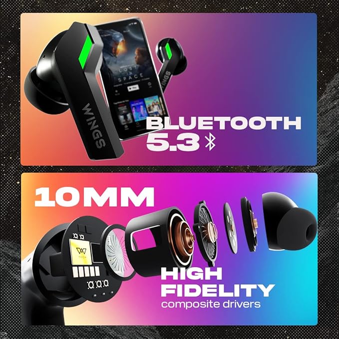 WINGS Phantom 860 Earbuds with Game mode, 50 hrsPlaytime, Quad ENC Mic & App Support Bluetooth Gaming - 3