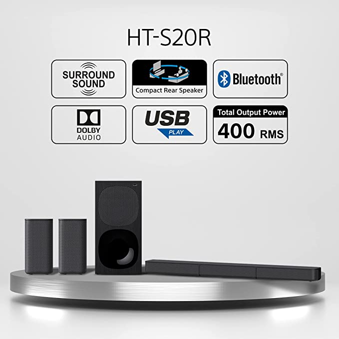 Sony HT-S20R Real 5.1ch Dolby Digital Soundbar for TV with subwoofer and Compact Rear Speakers, 5.1ch Home Theatre System (400W,Bluetooth & USB Connec - 1