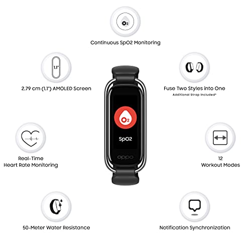 OPPO Smart Band Style (Black) - 1.1" AMOLED Color Display, Continuous SPO2 Monitoring (Blood Oxygen), 5ATM Water Resistant and 12 Workout Mo - 1