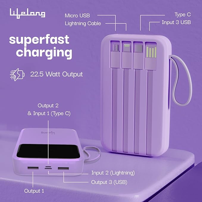 Lifelong ZenCharge 20000 mAh 22.5 W Compact Pocket Size Power Bank with 6 Input/Output Port (Purple, Lithium Polymer, Fast Charging - 1
