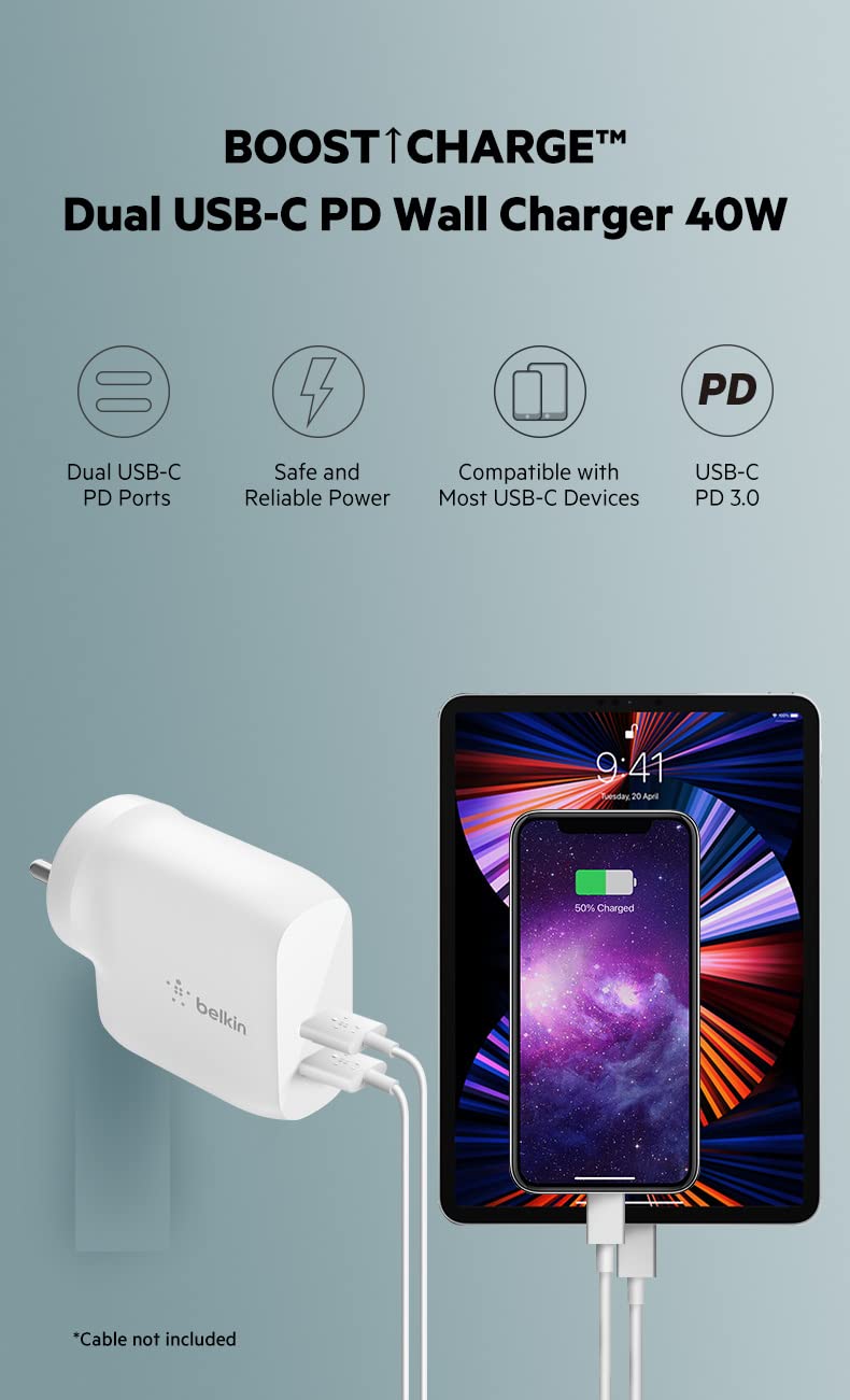 Belkin Fast Charging,Universally Compatible Dual USB-C 40W Pd Wall Charger-Power Delivery 3.0 Certified,Each Port Delivers 20W of Power for All Cellul Total - 2