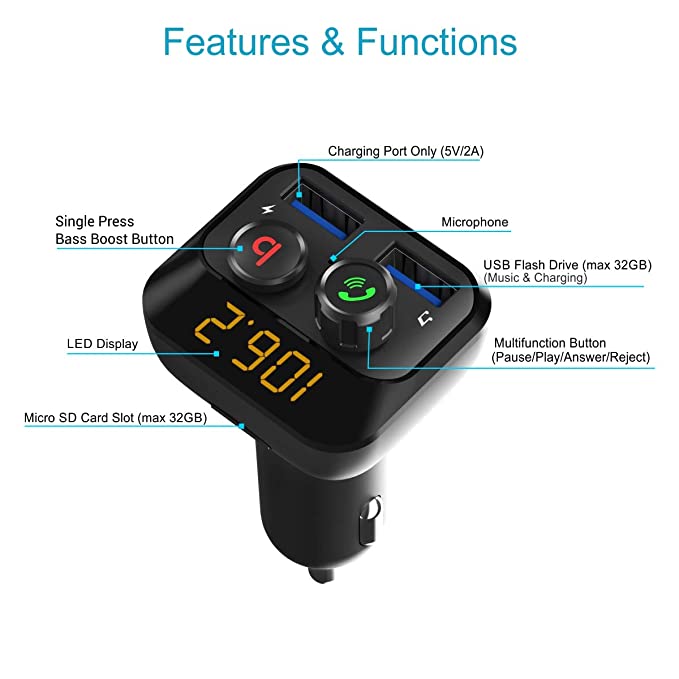 Portronics AUTO 10 POR-320, Bluetooth - FM Transmitter in-Car Radio Adapter for Hands-Free Calling, Music Streaming, Micro SD + USB Music, 3.4A Dual U - 3