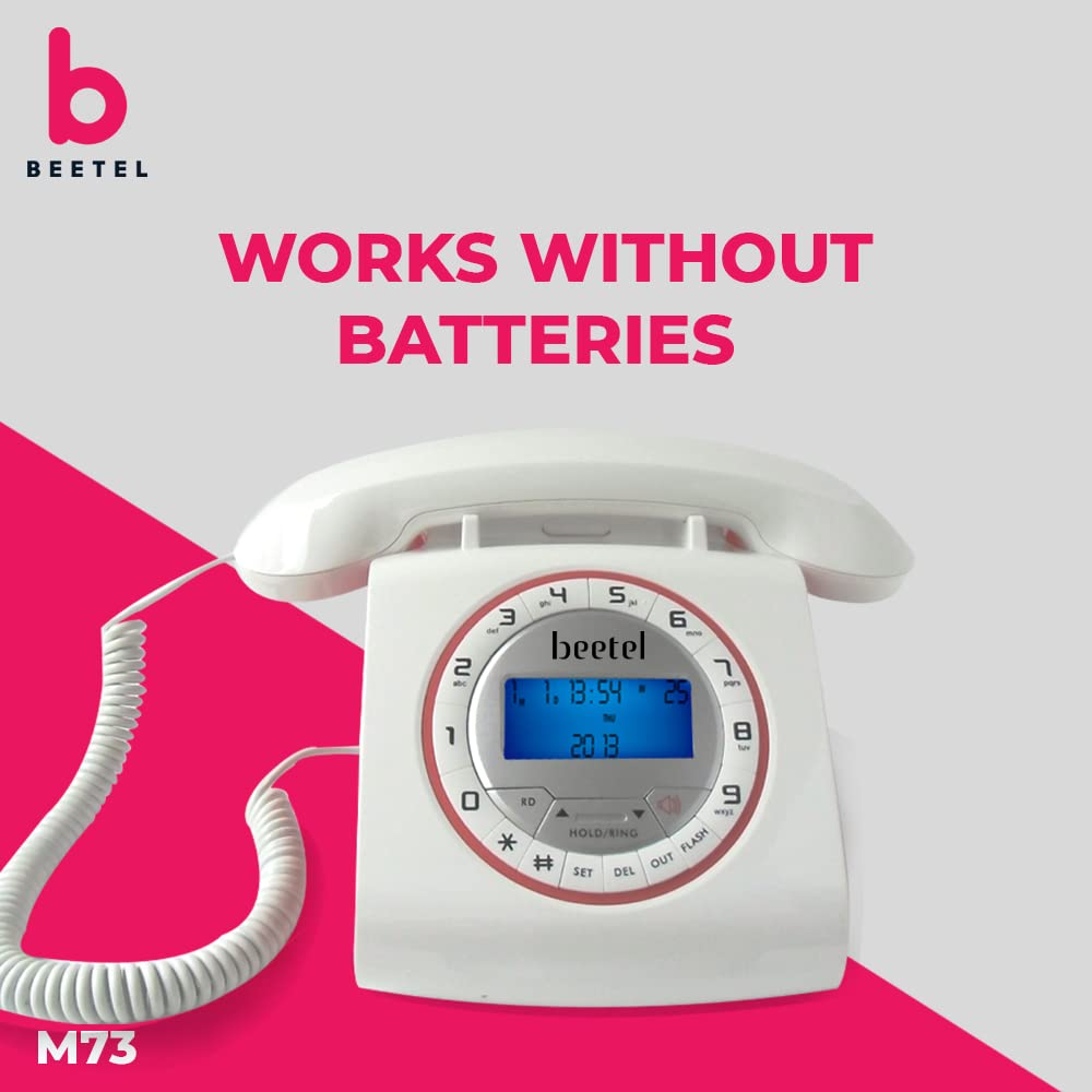 Beetel M73 Caller ID Corded Landline Phone with 16 Digit LCD Display, Retro Design, Alphanumeric Keypad, 2-Way Speaker Phone, Adjustable Ringing (Whit - 3