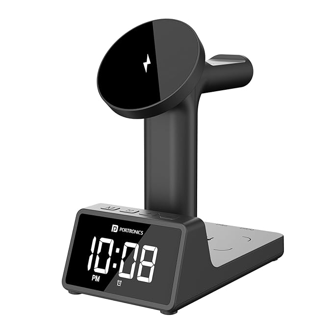 Portronics Bella 2 3 in 1 15W Magnetic Wireless Charging Station with Digital Alarm Clock - 0