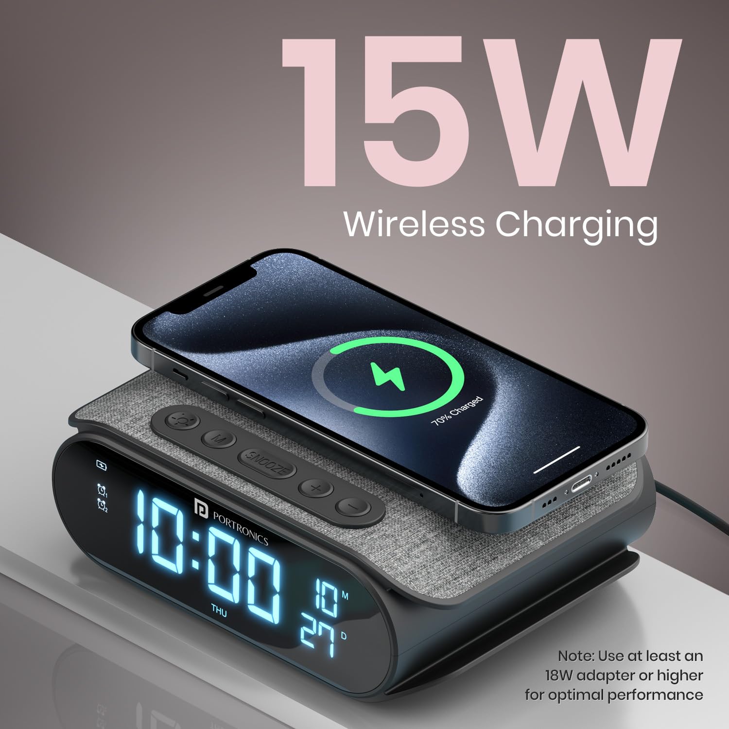 Portronics VoltClock 15W Wireless Charger for All Compatible Wireless Charging Smartphones, Digital Clock - 2