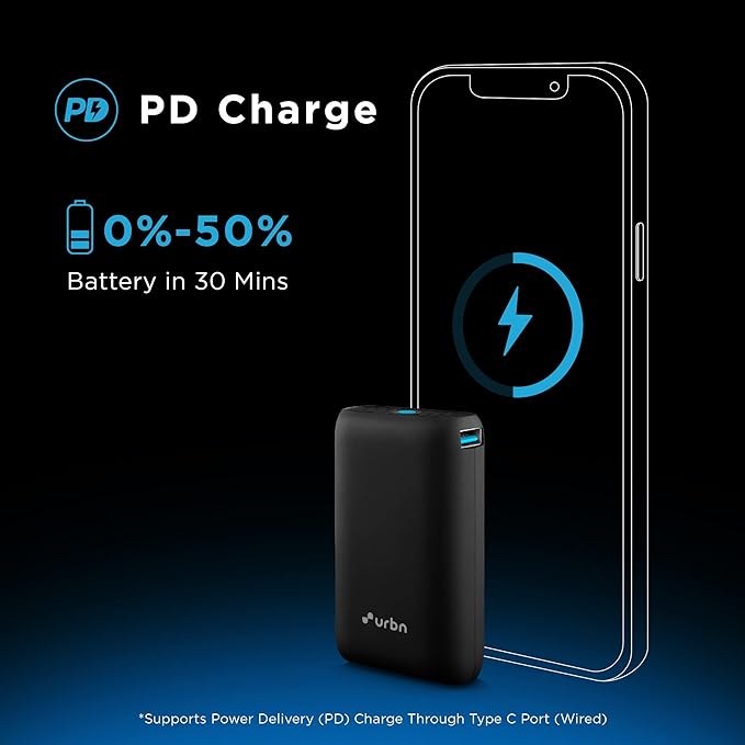 URBN 10000 mAh Nano Power Bank | 20W Fast Charging | Smallest Power Bank | Made with EV Batteries | Type C PD - 0