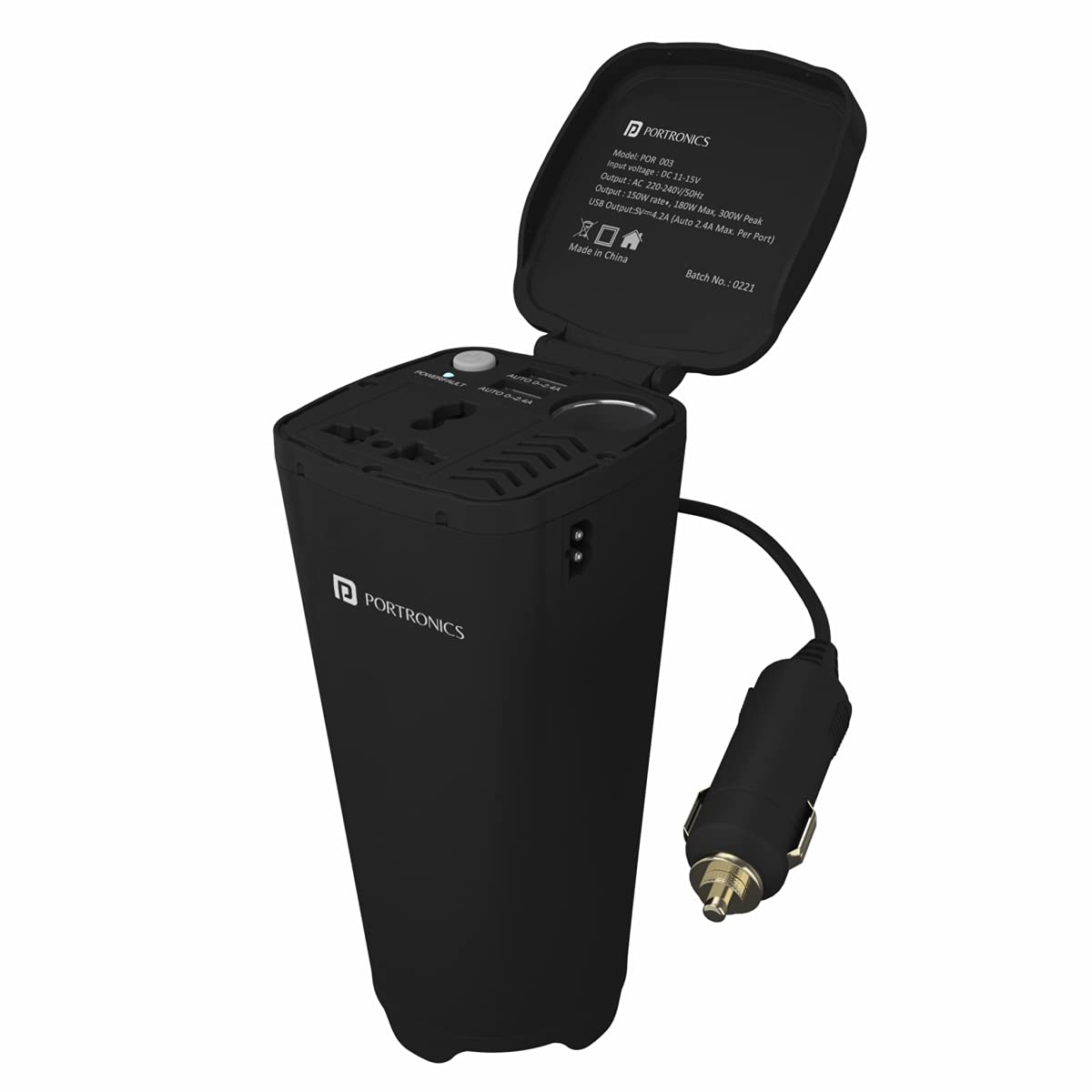 Portronics CarPower One Portable 150W Car Power Inverter with 220V Output with Dual USB Output(POR-003, Black) - 0