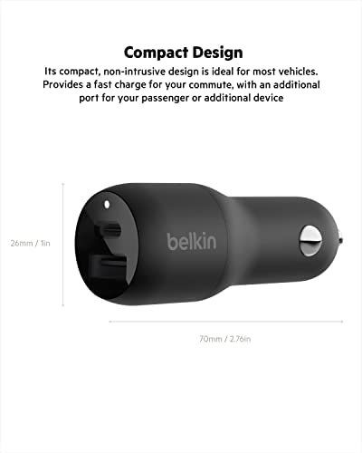Belkin 42W Dual Port (USB-C & USB-A) Fast Charge Car Charger Adapter. with 30W USB-C & 12W USB-A Ports Quick Charge All Compatible Devices - 1
