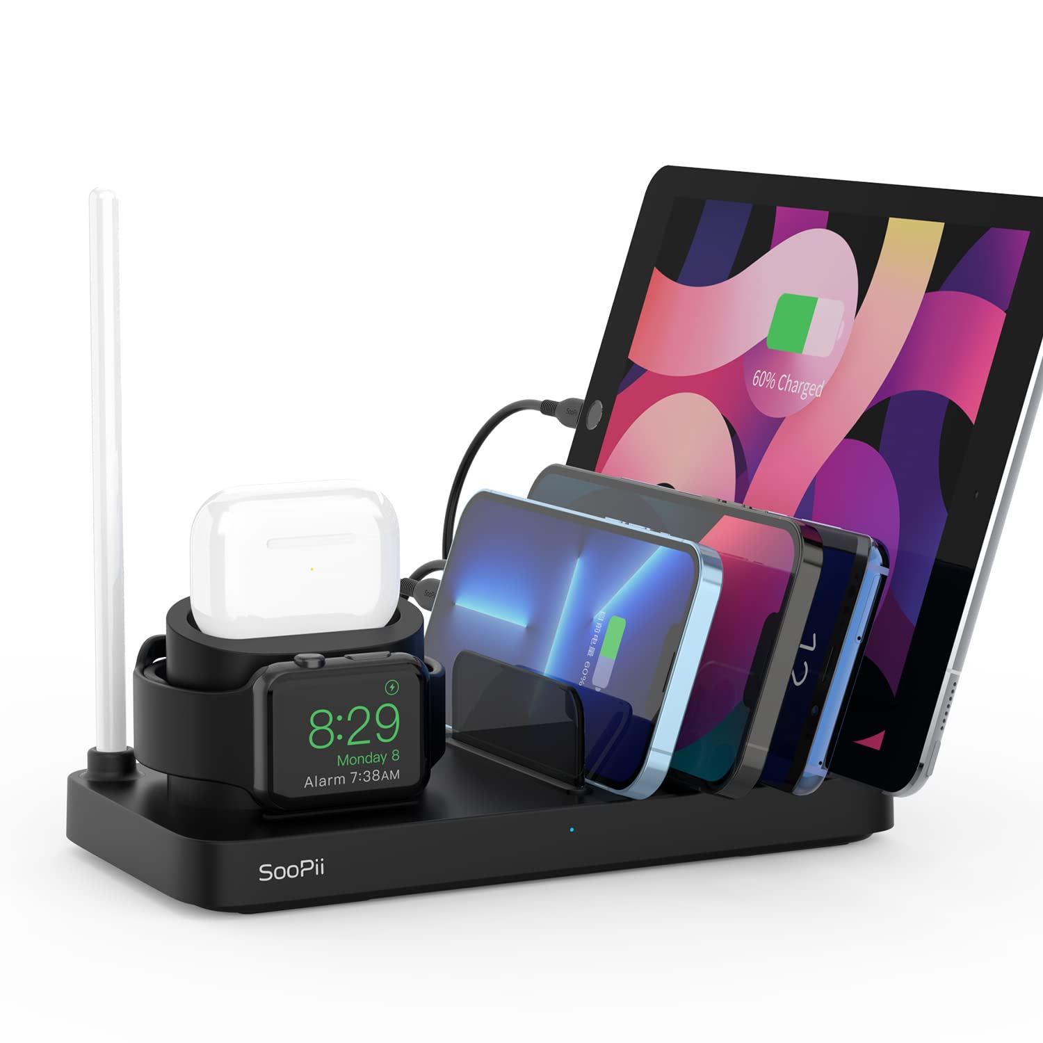 SooPii Premium 6 Port 50W Smart Charging Station and Charging Dock Multi-port Fast USB Charger Organizer for Charge & Clean & Multiple Devices with Sm - 0