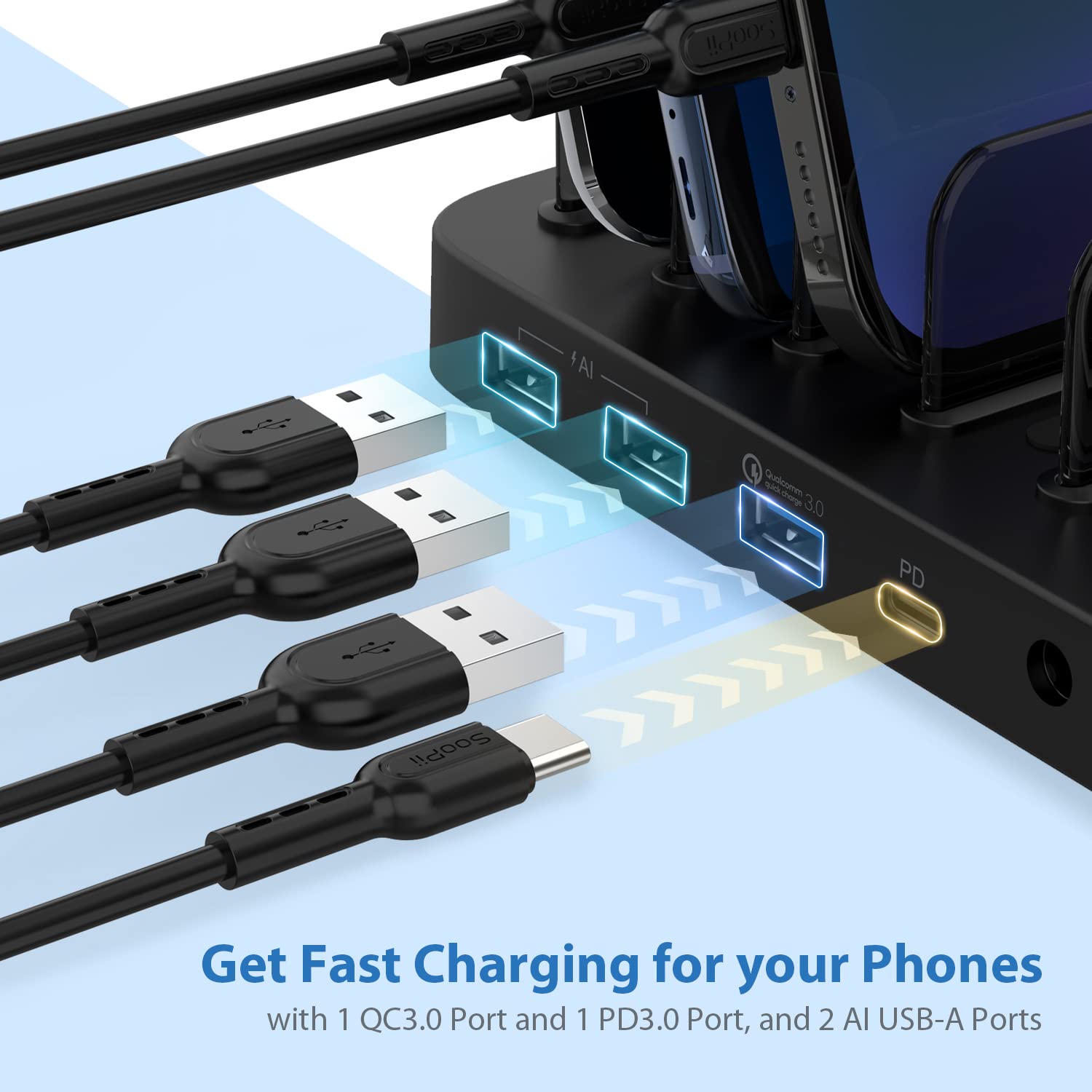 SooPii Premium 6 Port 50W Smart Charging Station and Charging Dock Multi-port Fast USB Charger Organizer for Charge & Clean & Multiple Devices with Sm - 1