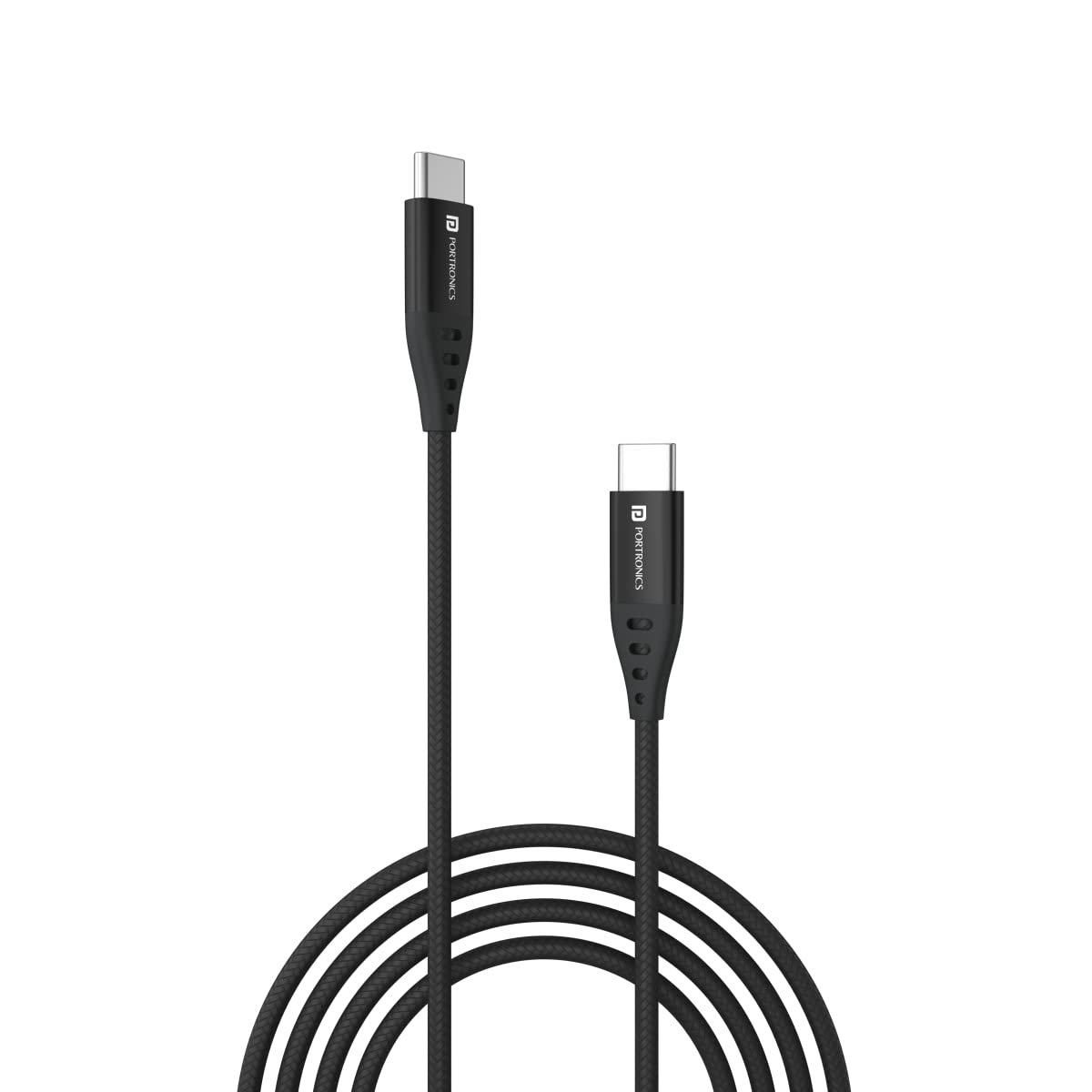 Portronics Konnect C1 60W PD Type C to Type C Data & Charging Cable with 1M Cable Length, Nylon Braided, Metal Heads(Black) - 0