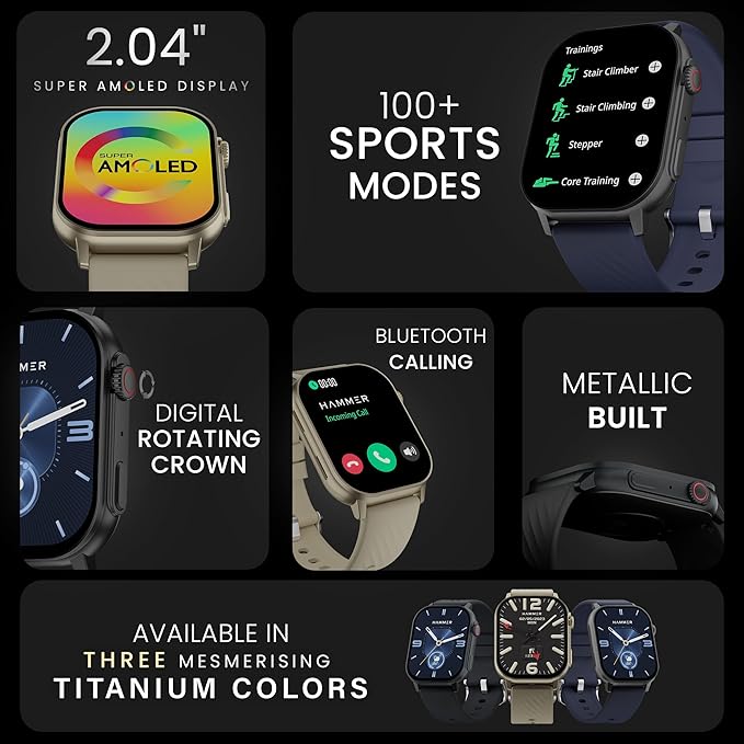 HAMMER Arctic 2.04" Super AMOLED Smart Watch, Metallic Build, BT Calling, Always On Display, Rotating Crown - 2